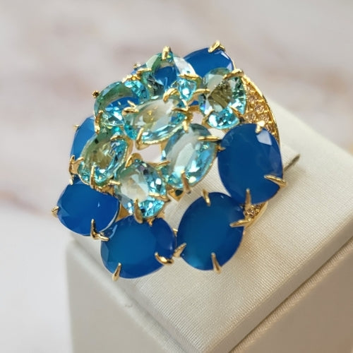 18K Gold Plated Apatite and Blue Sky Topaz Flower Studded Zirconia Ring