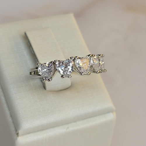 White Rhodium Plated Five Zirconia Hearts Ring