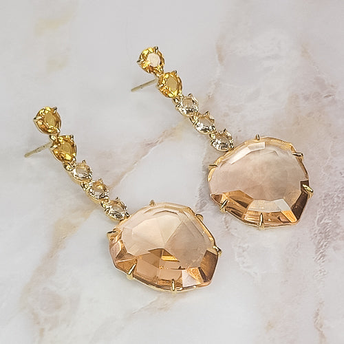 18K Gold Plated Large Morganite and Small Round Imperial Topaz, Morganite Earrings