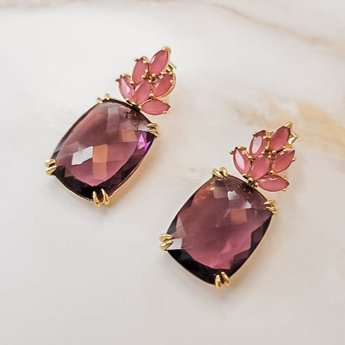 18K Gold Plated Square Rodolite Small Rubellite Earrings