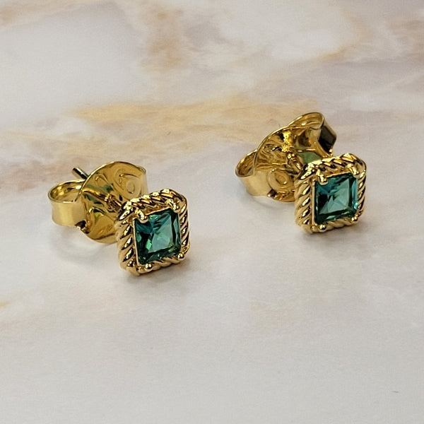 18K Gold Plated Square Emerald Earrings