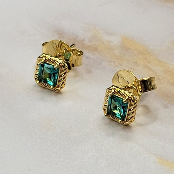 18K Gold Plated Square Emerald Earrings