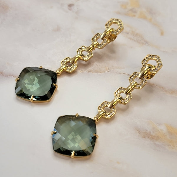 Hexagonal Studded Zircon Inverted Green Quartz Long Earrings