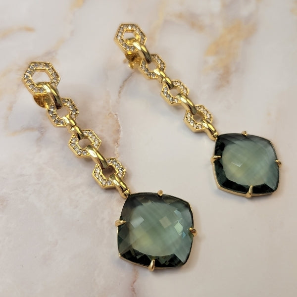 Hexagonal Studded Zircon Inverted Green Quartz Long Earrings