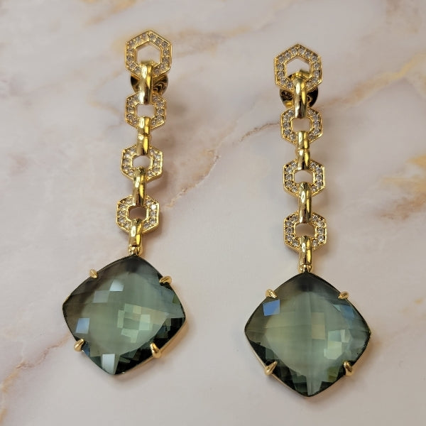 Hexagonal Studded Zircon Inverted Green Quartz Long Earrings