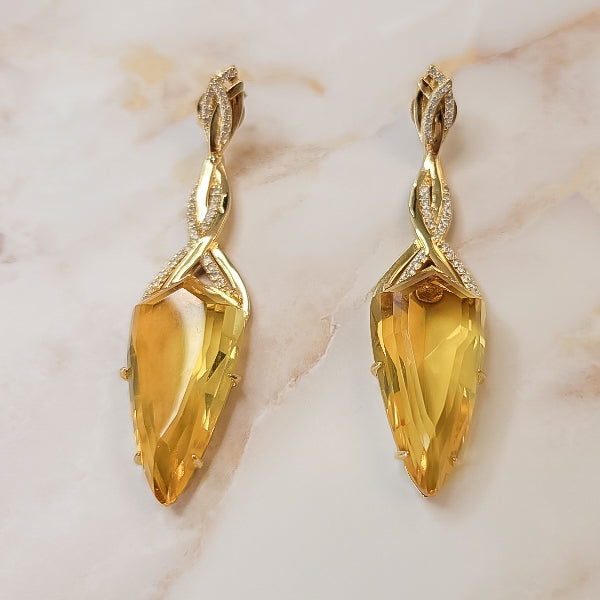 18K Gold Plated Long Citrine Topaz Studded Zirconia Earrings