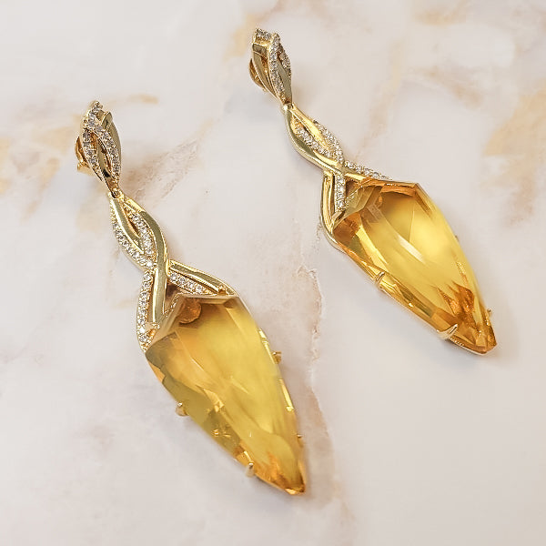 18k Gold Plated Long Citrine Topaz Studded Zirconia Earrings