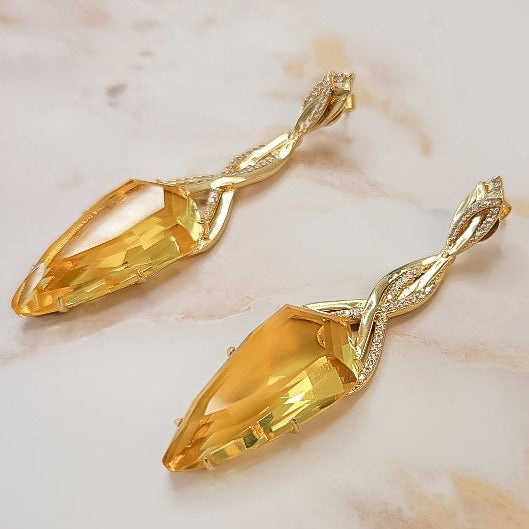 18K Gold Plated Long Citrine Topaz Studded Zirconia Earrings