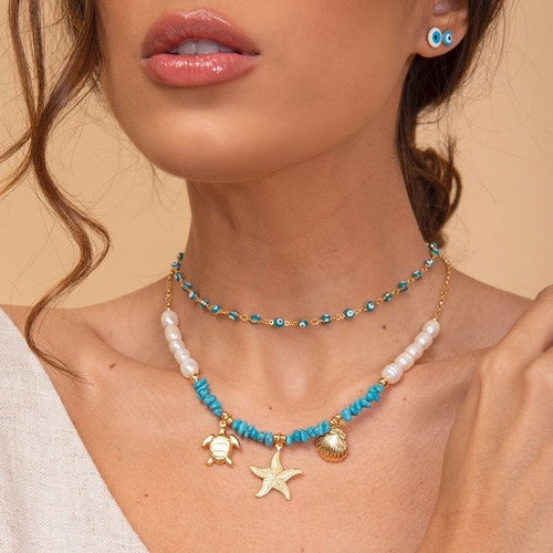 18K Gold Plated Pearls Turquoise Stones Beach Pendants Necklace