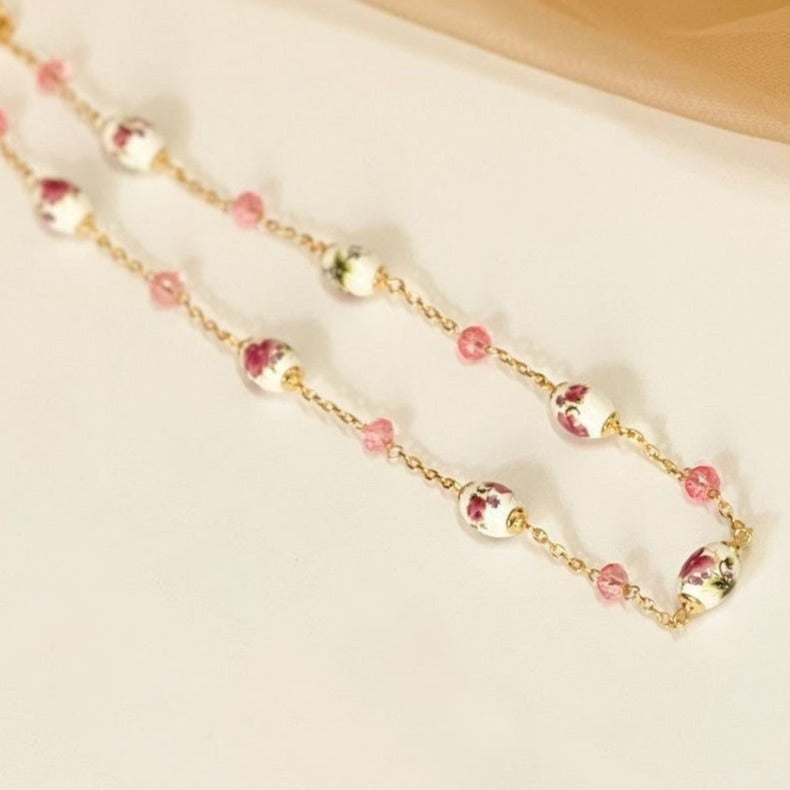 18K Gold Plated Porcelain and Crystals Balls Necklace