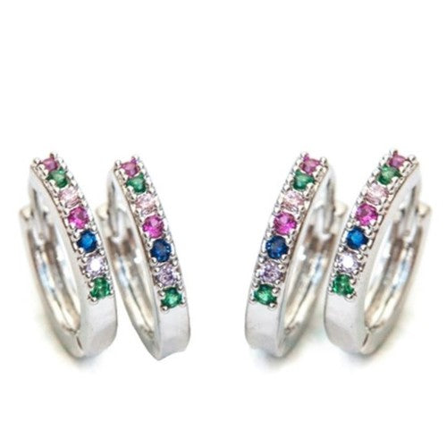 White Rhodium Plated Duo Hoops Studded Rainbow Zirconia Earrings