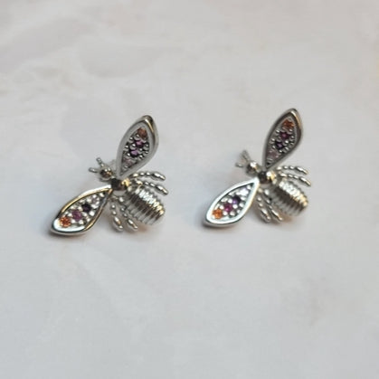 White Rhodium Plated Dragon-Fly Rainbow Zirconia Earrings