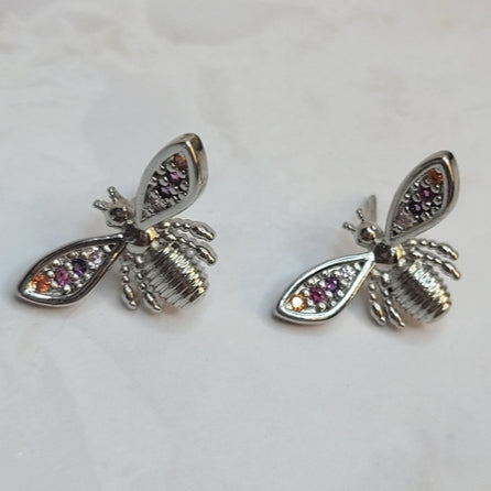 White Rhodium Plated Dragon-Fly Rainbow Zirconia Earrings