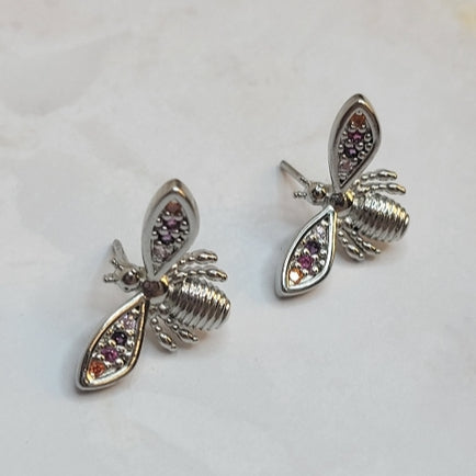 White Rhodium Plated Dragon-Fly Rainbow Zirconia Earrings