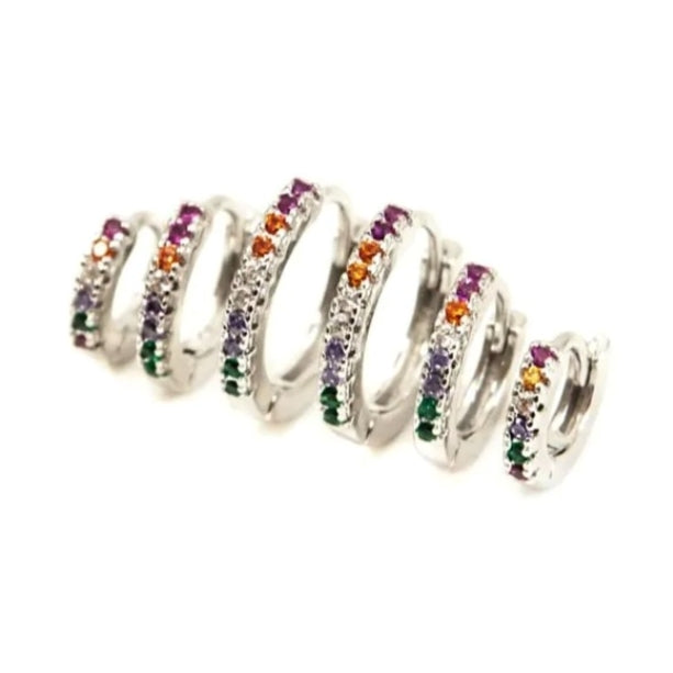 White Rhodium Plated Trio Hoops Studded Rainbow Zirconia 1.4mm Earrings