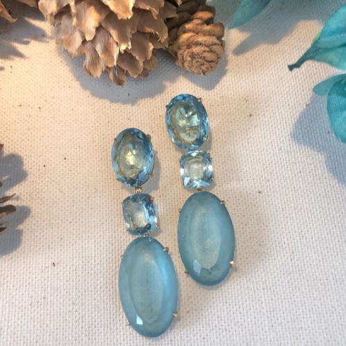 18K Gold Plated Triple Aquamarine Studded Zirconia Earrings