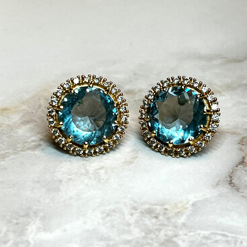 18K Gold Plated Round Aquamarine Studded Zirconia Earrings