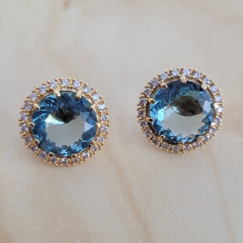 18K Gold Plated Round Aquamarine Studded Zirconia Earrings