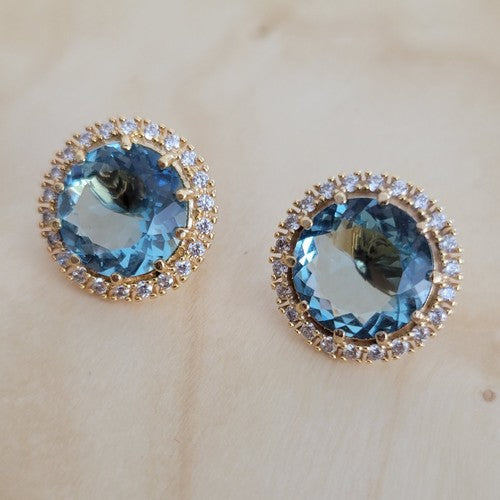 18K Gold Plated Round Aquamarine Studded Zirconia Earrings