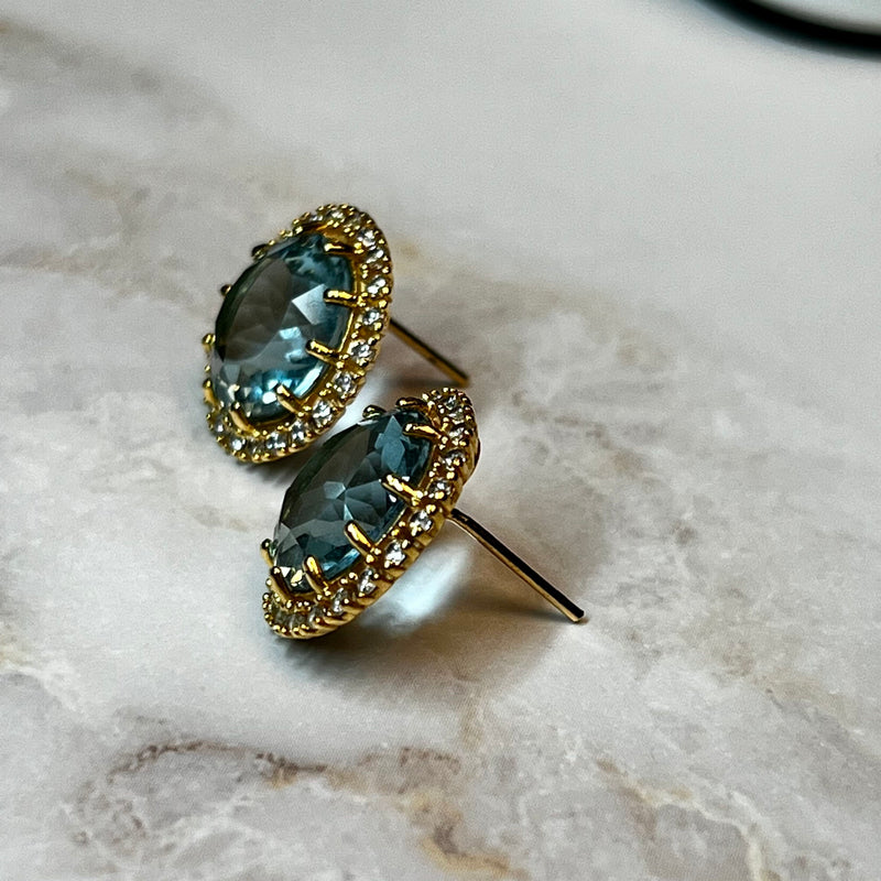 18K Gold Plated Round Aquamarine Studded Zirconia Earrings