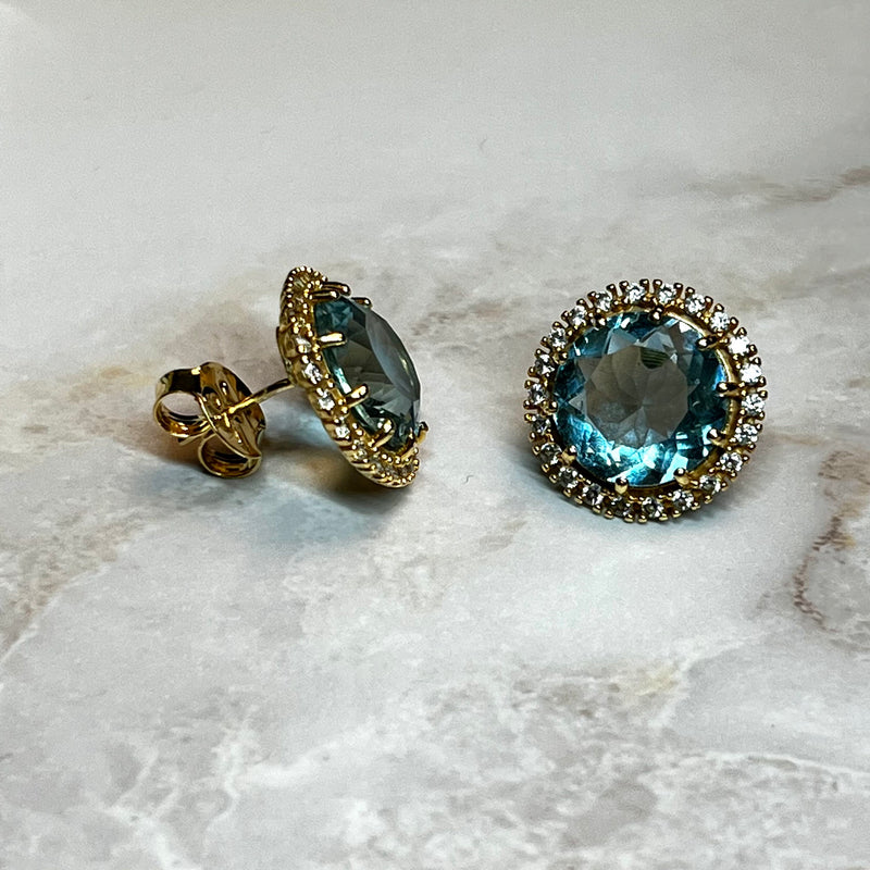 18K Gold Plated Round Aquamarine Studded Zirconia Earrings