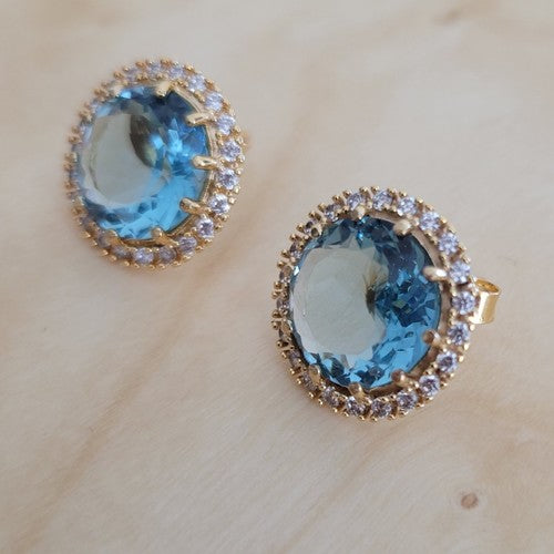 18K Gold Plated Round Aquamarine Studded Zirconia Earrings