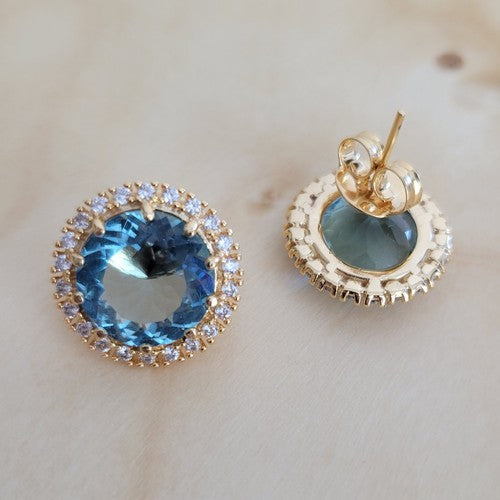 18K Gold Plated Round Aquamarine Studded Zirconia Earrings