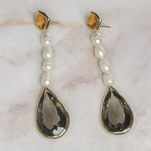 18K Gold Plated Square Imperial Topaz Pearls and Smoky Quartz Teardrop Earrings