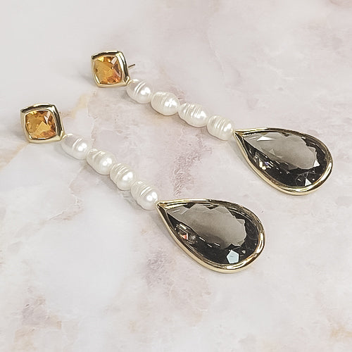 18K Gold Plated Square Imperial Topaz Pearls and Smoky Quartz Teardrop Earrings