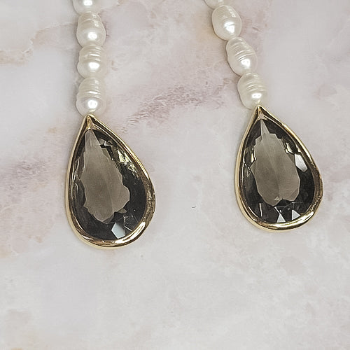 18K Gold Plated Square Imperial Topaz Pearls and Smoky Quartz Teardrop Earrings