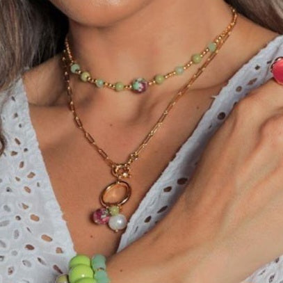 18K Gold Plated Green Pendants Chain Necklace