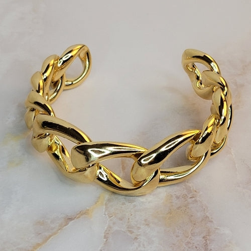 18K Gold Plated Open Bangle Bracelet with a bold Cuban link design.