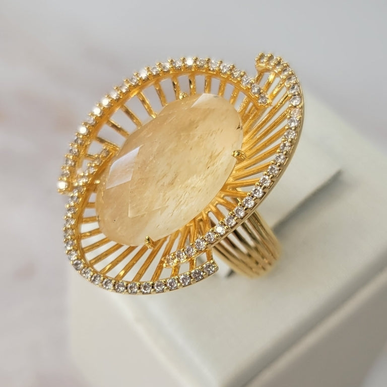 18k Gold Plated Rutilated Topaz Studded Zirconia Ring