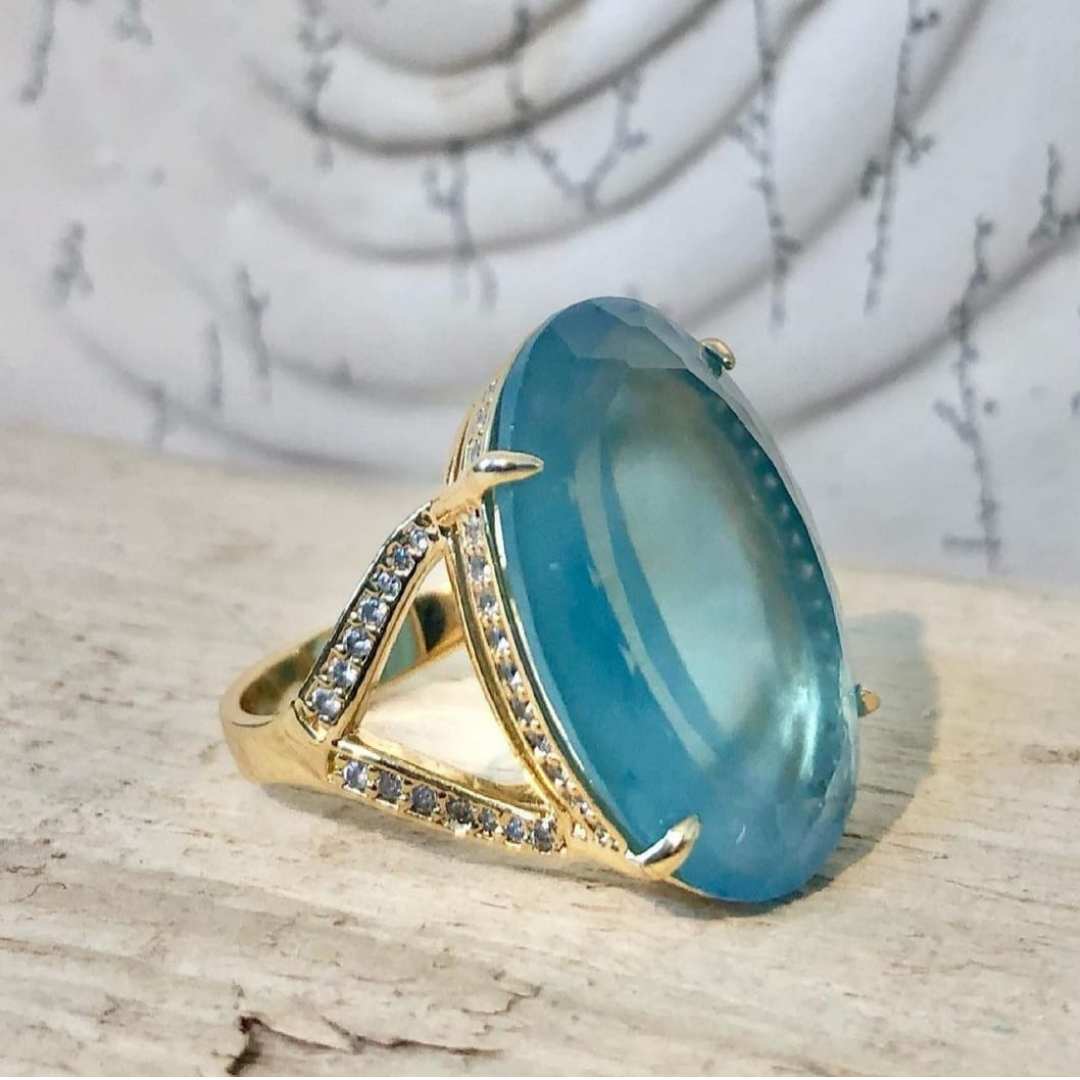 18K Gold Plated Oval Studded Zirconia Aquamarine Ring