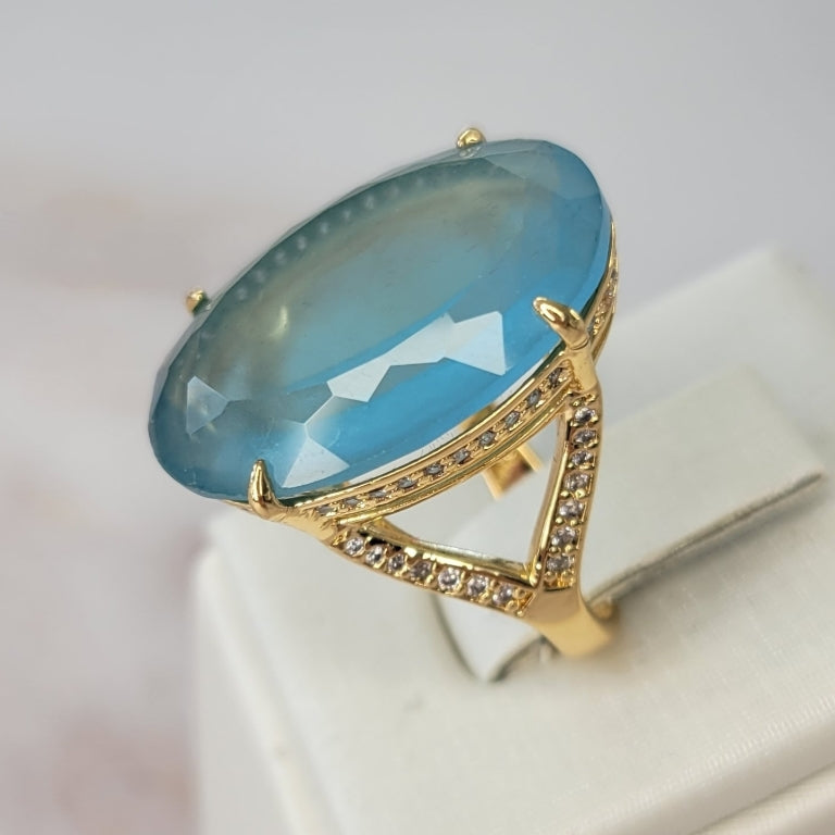 18K Gold Plated Oval Studded Zirconia Aquamarine Ring