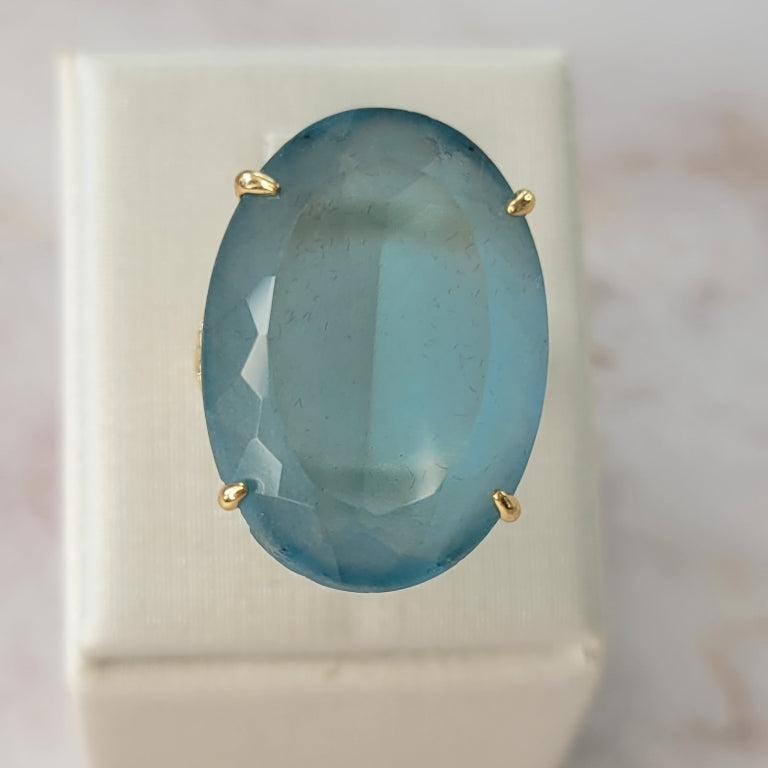 18K Gold Plated Oval Studded Zirconia Aquamarine Ring
