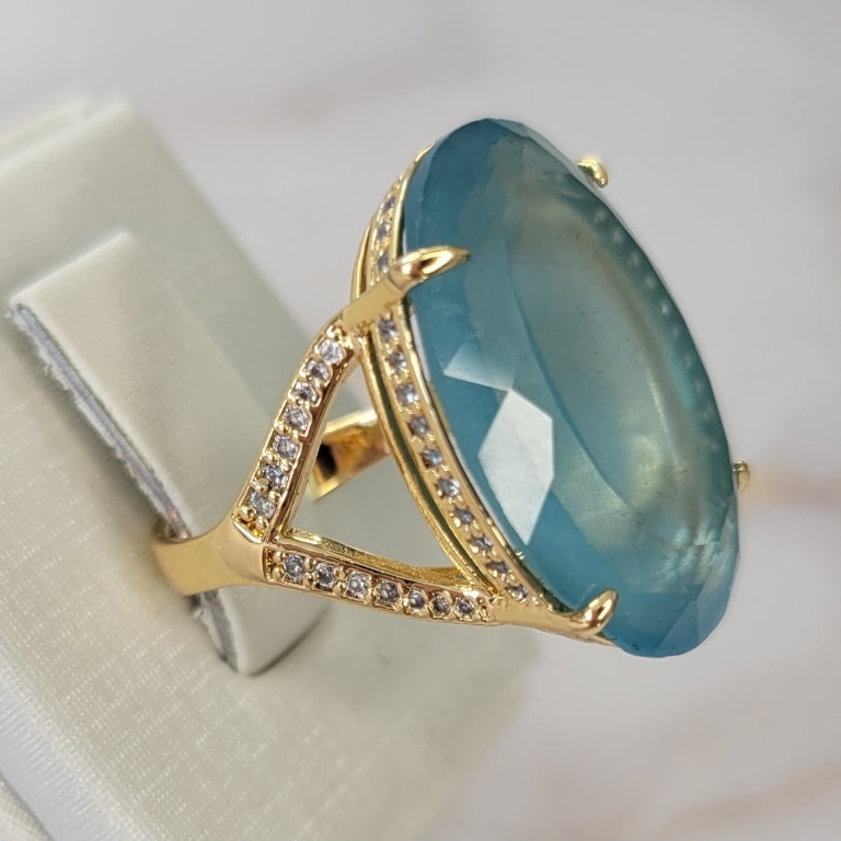 18K Gold Plated Oval Studded Zirconia Aquamarine Ring