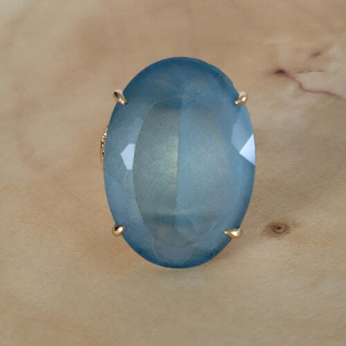 18K Gold Plated Oval Studded Zirconia Aquamarine Ring