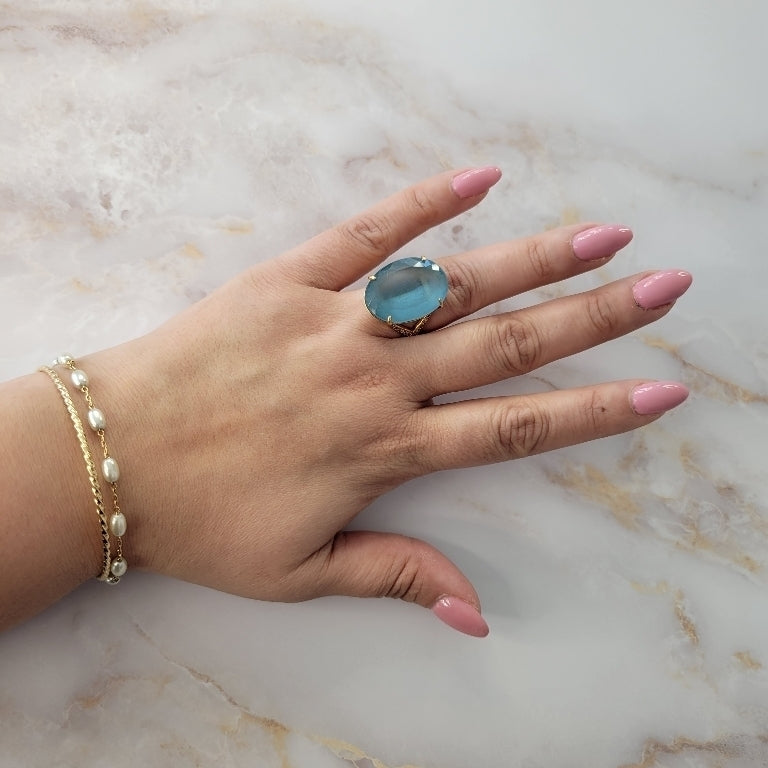 18K Gold Plated Oval Studded Zirconia Aquamarine Ring