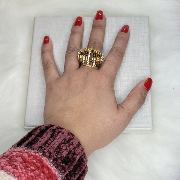 18K Gold Plated Studded Zirconia Strips Ring