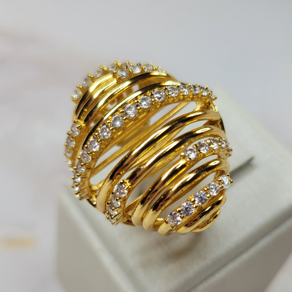 18K Gold Plated Studded Zirconia Strips Ring