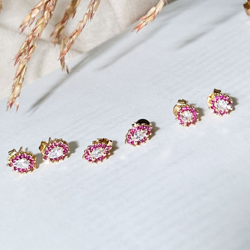 18K Gold Plated Trio Pink Zirconia Earrings
