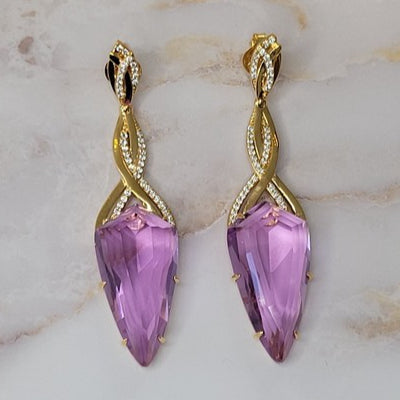 18K Gold Plated Long Pink Sapphire Studded Zirconia Earrings