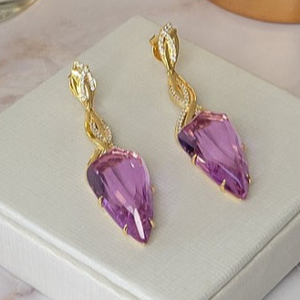 18K Gold Plated Long Pink Sapphire Studded Zirconia Earrings