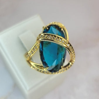 18K Gold Plated Oval Paraiba Brazil Studded Zirconia Track Ring