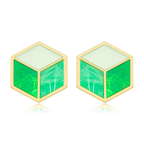 18K Gold Plated Stud Green Hexagon Enamelling Earrings