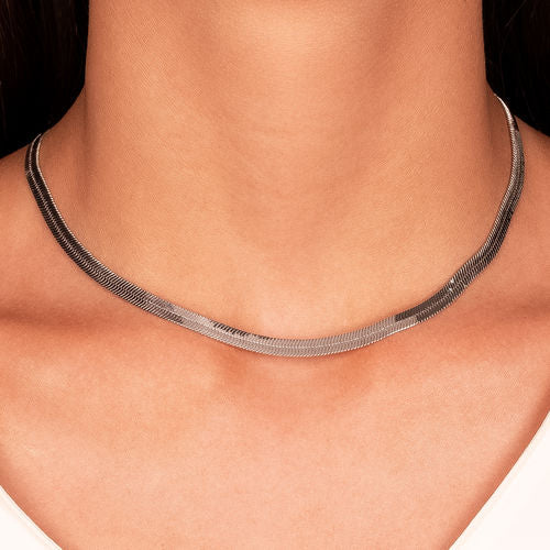 White Rhodium Plated Flat Herringbone Necklace 45cm