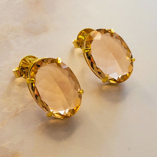 18K Gold Plated Stud Oval Stone Earrings