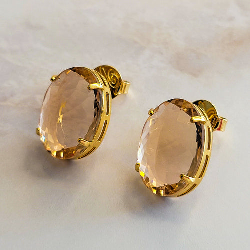 18K Gold Plated Stud Oval Stone Earrings