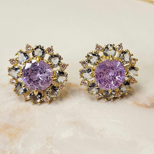 18K Gold Plated Round Amethyst Fusion Amethyst Hearts Studded Pink Micro zirconia Set